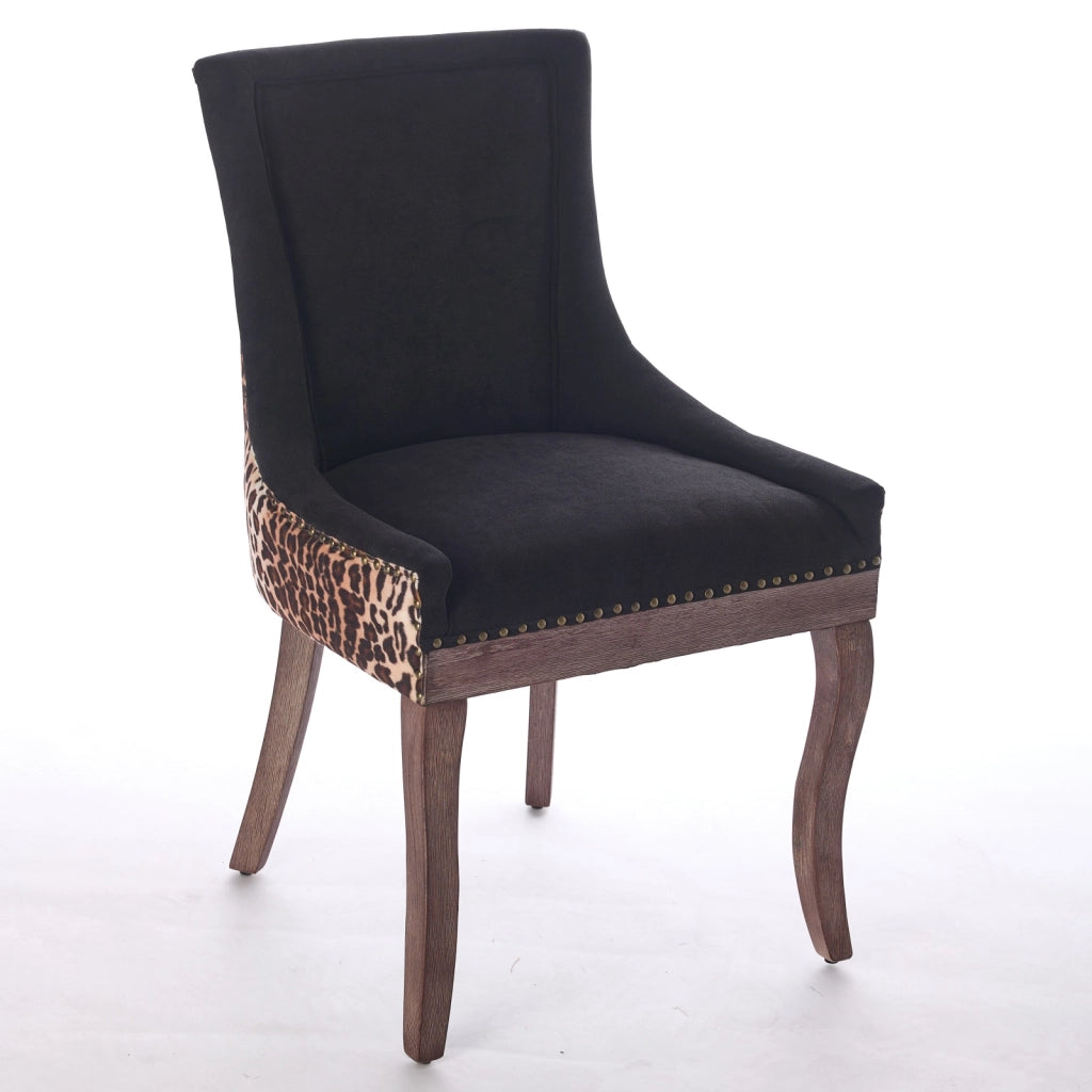 Set 2 Sedie da Pranzo Imbottite in Tessuto con Gambe in Legno Naturale ¨C MINIMAL ¨C Leopardato, Borchie Bronzo