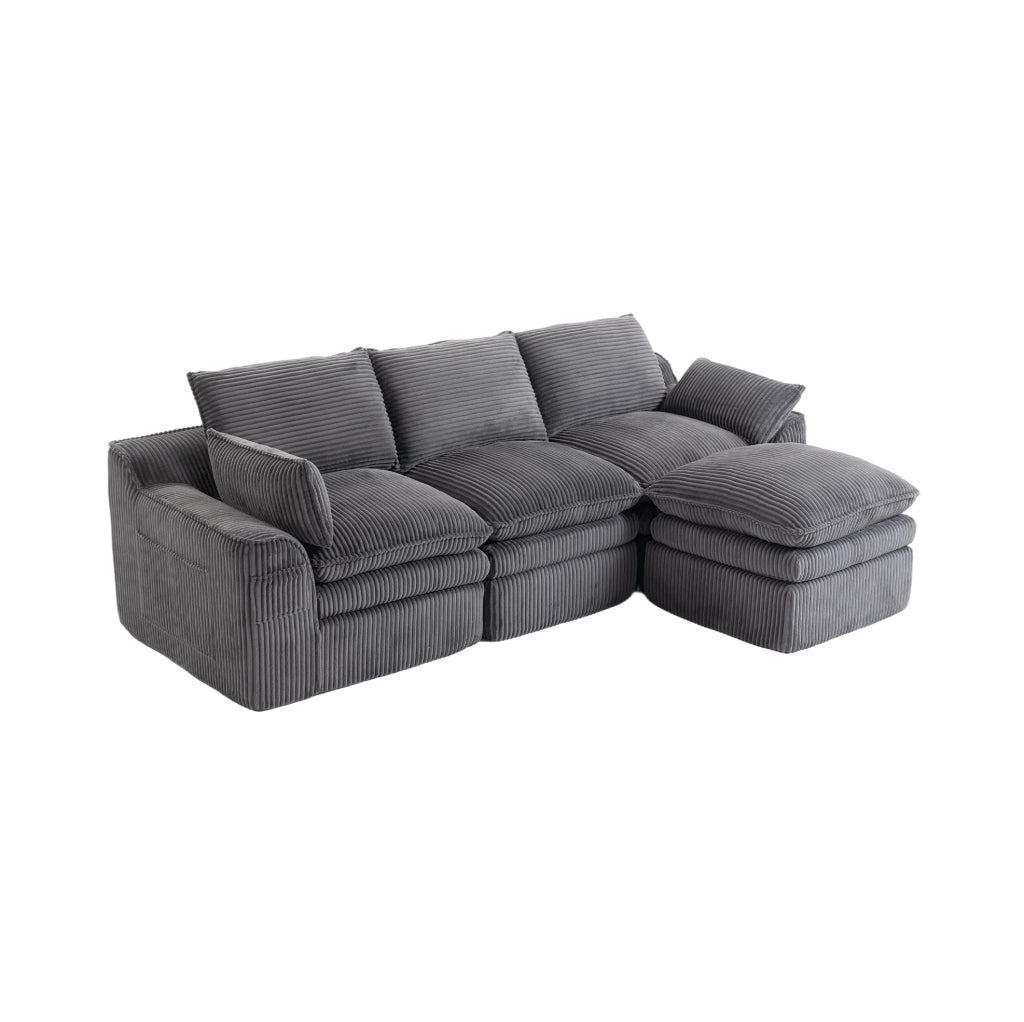 Divano modulare 3 posti con pouf in velluto a coste grigio scuro, confortevole e versatile