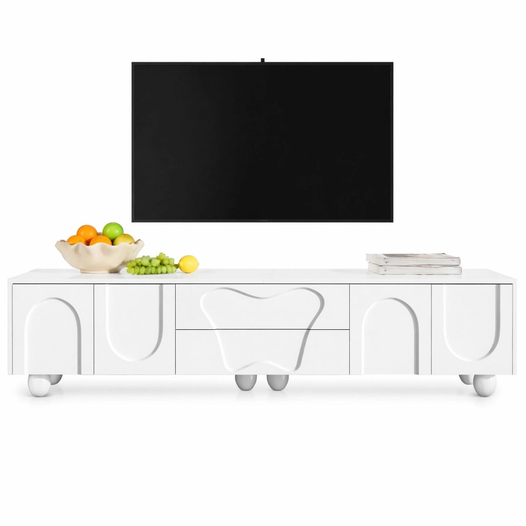 Mobile TV bianco 180 cm con gambe in legno e ampio spazio contenitore