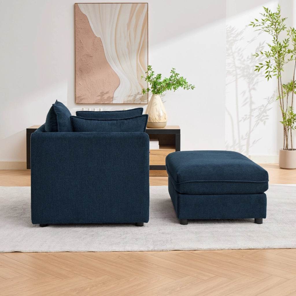 Poltrona lounge modulare in velluto blu con pouf contenitore separato