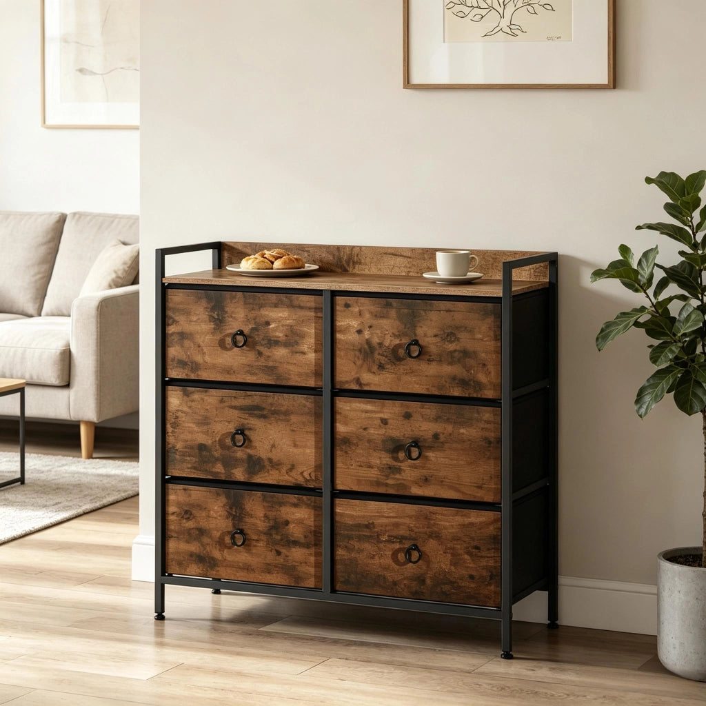 Cassettiera con 6 cassetti in tessuto, struttura in metallo e legno E1, 80x29x78 cm