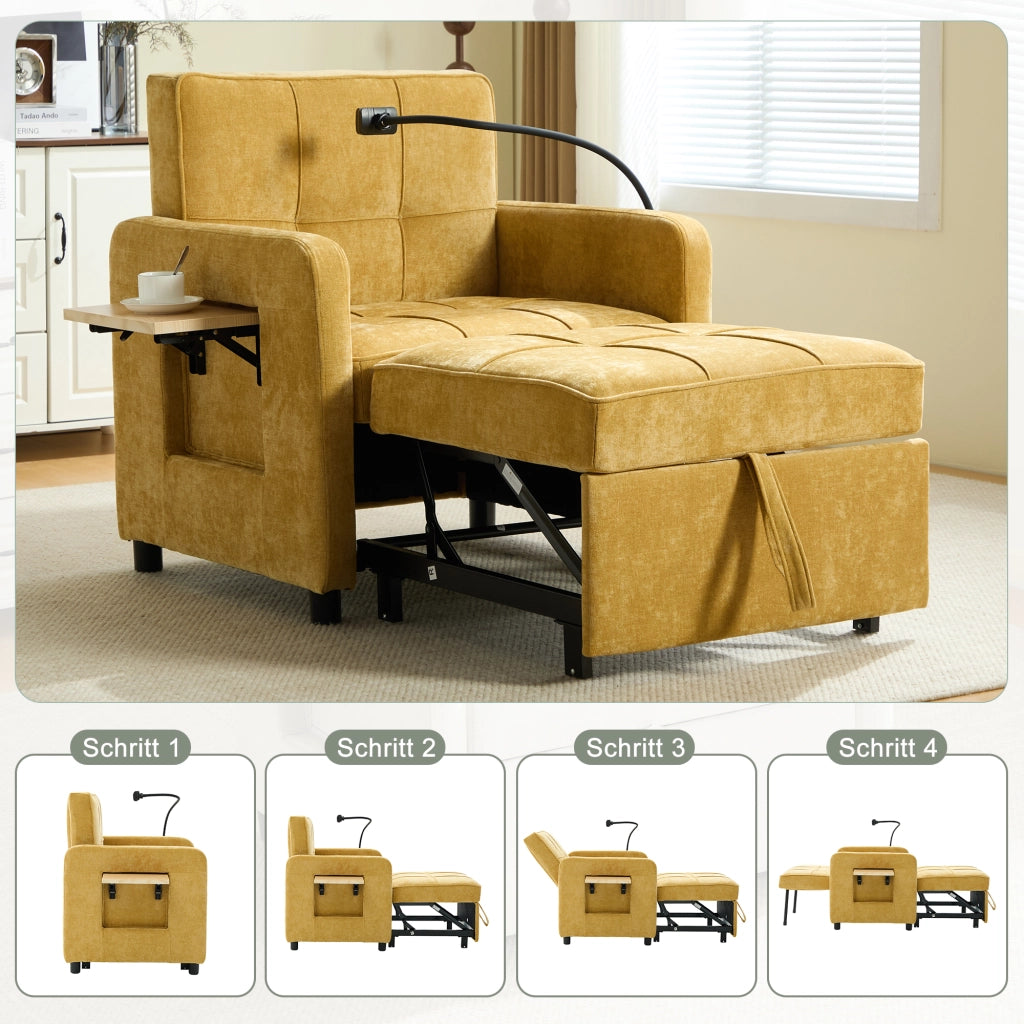 Poltrona letto convertibile in chenille con schienale reclinabile a 5 posizioni tasche laterali vassoio giallo senape