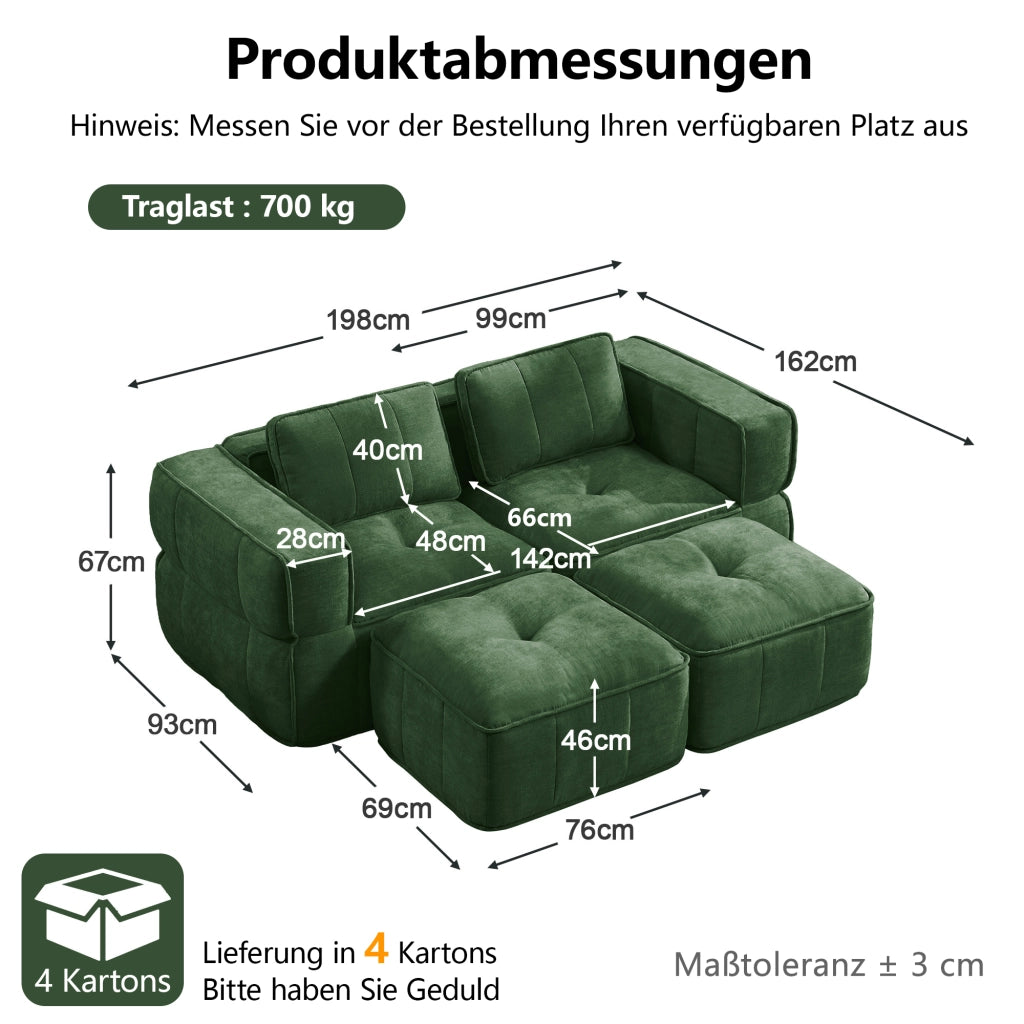 Divano modulare 2 posti con pouf e seduta profonda in poliestere verde