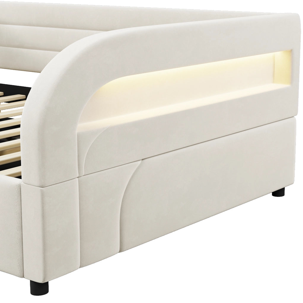 Letto imbottito 140x200 cm beige con contenitore idraulico e LED