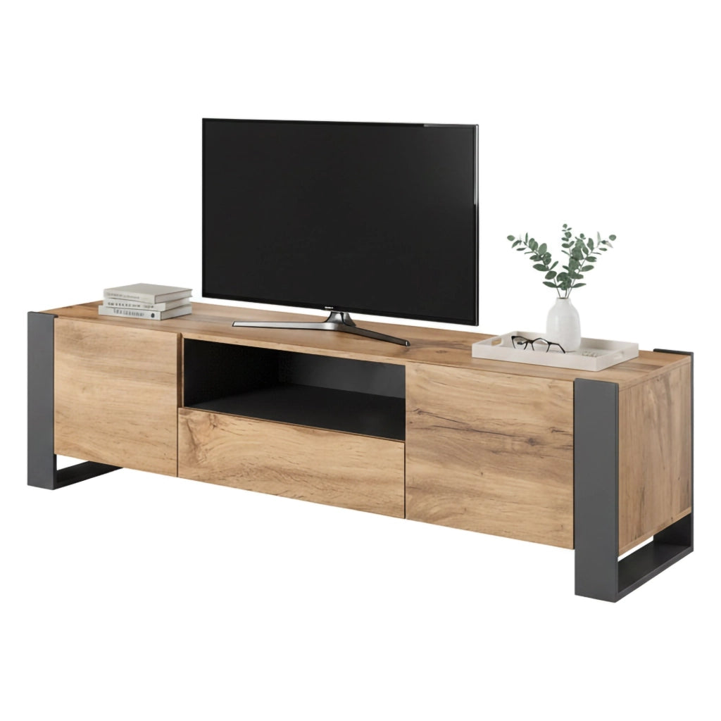 Mobile porta TV Frassino, Madia da salotto con tre ante battenti e tre vani interni, Rialzato da terra, 151x42 h60 cm, Beige