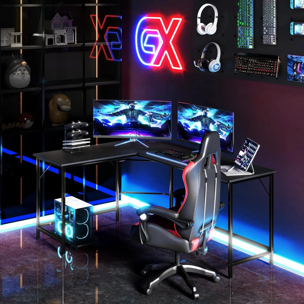 Scrivania Angolare Salvaspazio, Scrivania ad Angolo a Forma di L con Presa di Corrente, Supporto CPU e Telaio in Metallo Resistente, Scrivania per Computer da Casa e Ufficio (Nero)