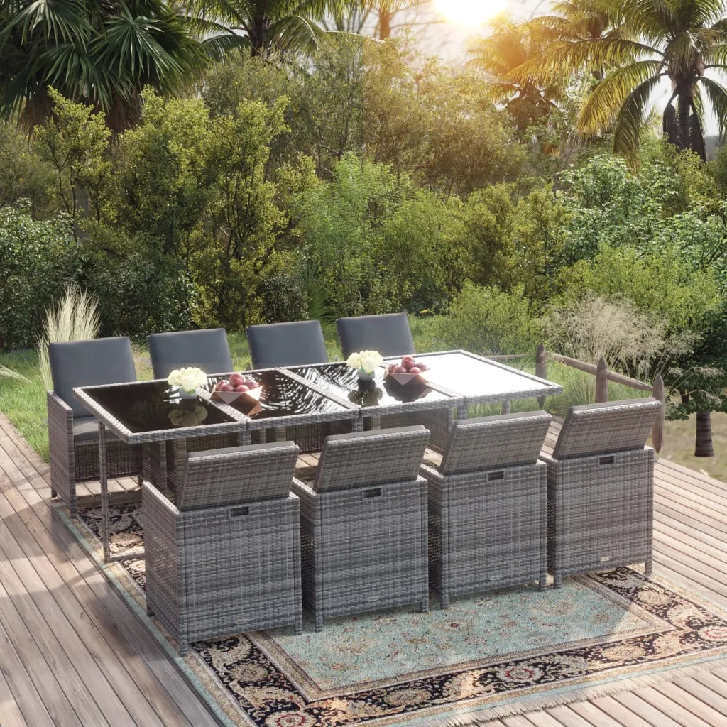 Set Pranzo da Giardino 9 pz con Cuscini in Polyrattan Grigio 3095563
