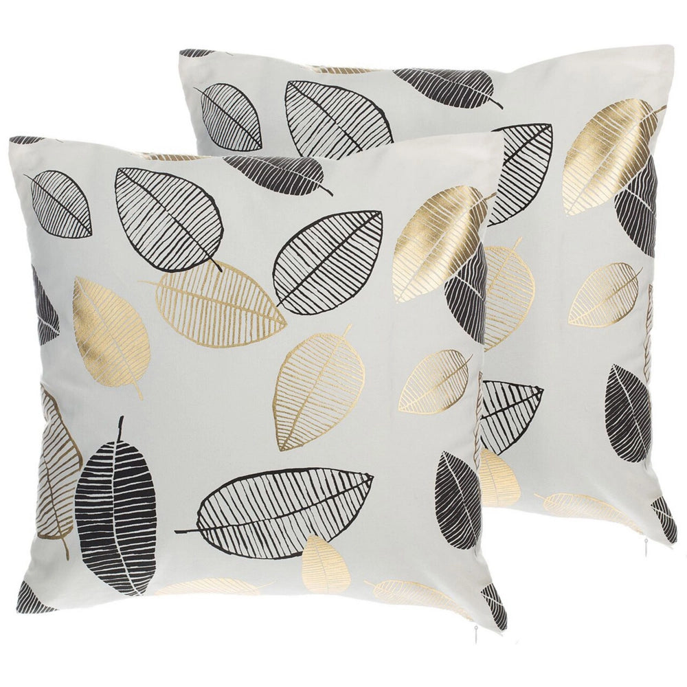 Set di 2 cuscini decorativi motivo foglia di cotone dorato e Nero 45 x 45 cm decorazione con stampa