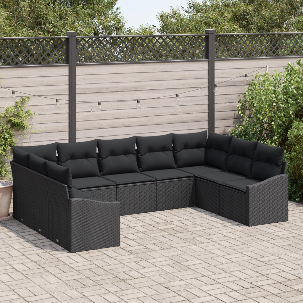 Set da Pranzo da Giardino 9 Pezzi con Cuscini in Rattan Nero