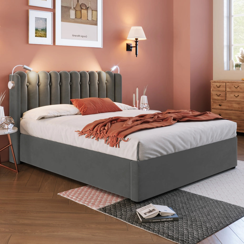 Letto Contenitore Letto Matrimoniale; USB; Lampada da Lettura e Vano 160×200 cm; senza Materasso; Velluto Grigio