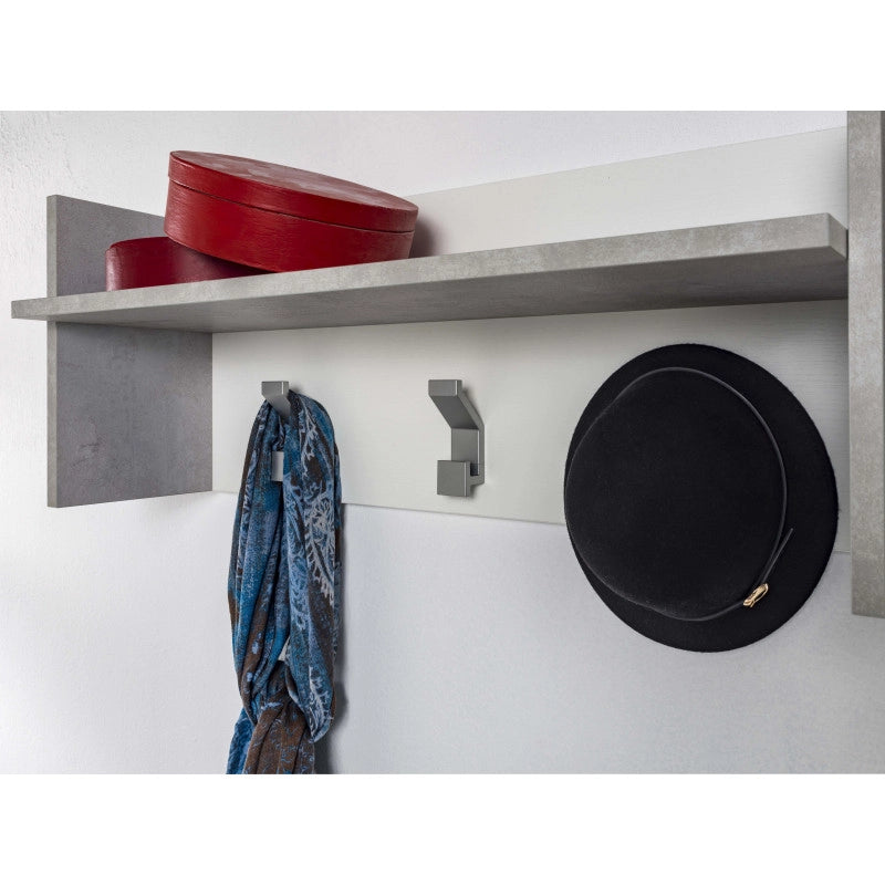 Pannello appendiabiti a parete con ripiano e 3 ganci bianco e cemento 90x29x34 cm - Terraneo