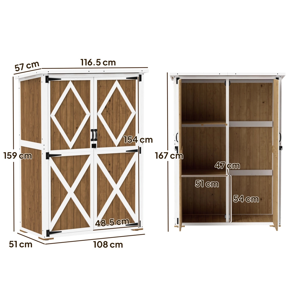 Capanno da Giardino in Legno di Abete con 2 Ripiani e 2 Porte, 116.5x57x159/167 cm, Marrone e Bianco