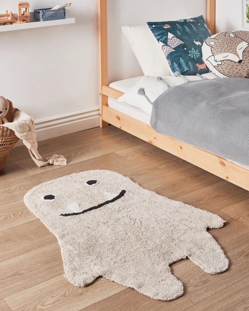 Tappeto per bambini in cotone beige a forma di mostro tessuto a mano 70 x 100 cm cameretta nursery