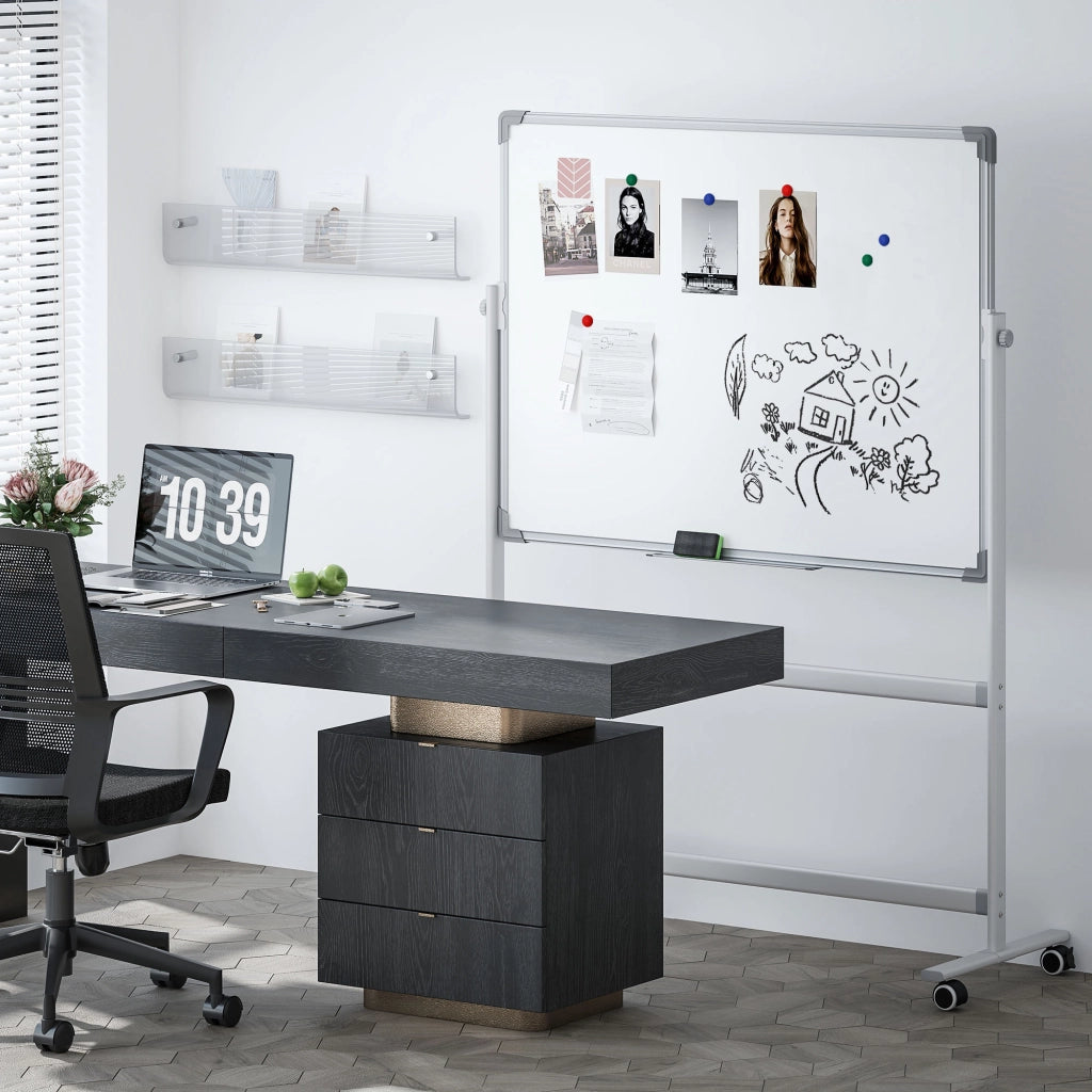 Lavagna Magnetica Bianca a 2 Facce con Accessori e 4 Ruote. in Alluminio e Acciaio. 127x50x165 cm