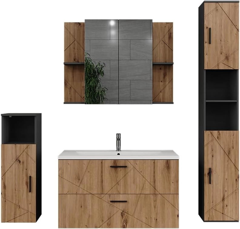 Set di mobili da bagno Irma, Bianco/bianco lucido, 100 cm, composto da mobile sottolavabo, lavabo, pensile, colonna e mobile medio