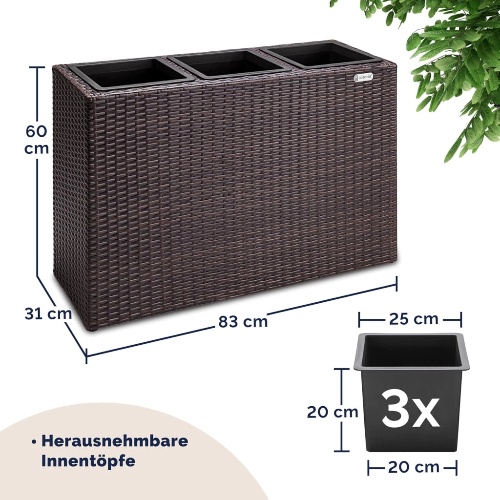 ® Fioriera 3 Vasi 83 x 30,5 x 60 cm Polyrattan Portafiori Giardino Esterno Interno Drenaggio Acqua Arredo Giardinaggio