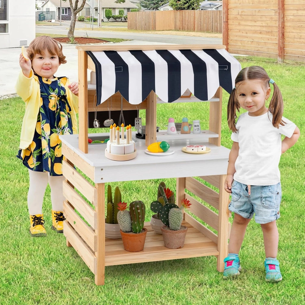 Cucina Giochi in Legno a Doppia Faccia, Cucina Giocattolo con Fornelli, Lavandino, Vaschetta per l'Acqua, Rubinetto, Set di Cucina per Esterni con Tetto, per Bambini dai 3+ Anni