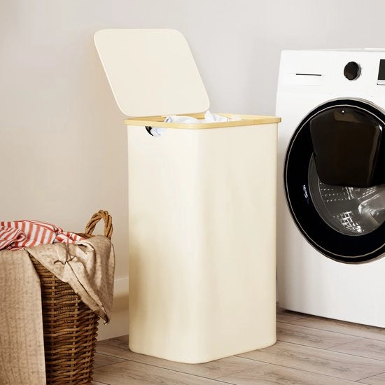 Cesto per la Lava con Coperchio - 110L Grande Cestino per Abiti con Maniglie in Bambù, Ripiegabile per Camera da Letto, Bagno, Stanza degli Studenti e Lavanderia (Beige)