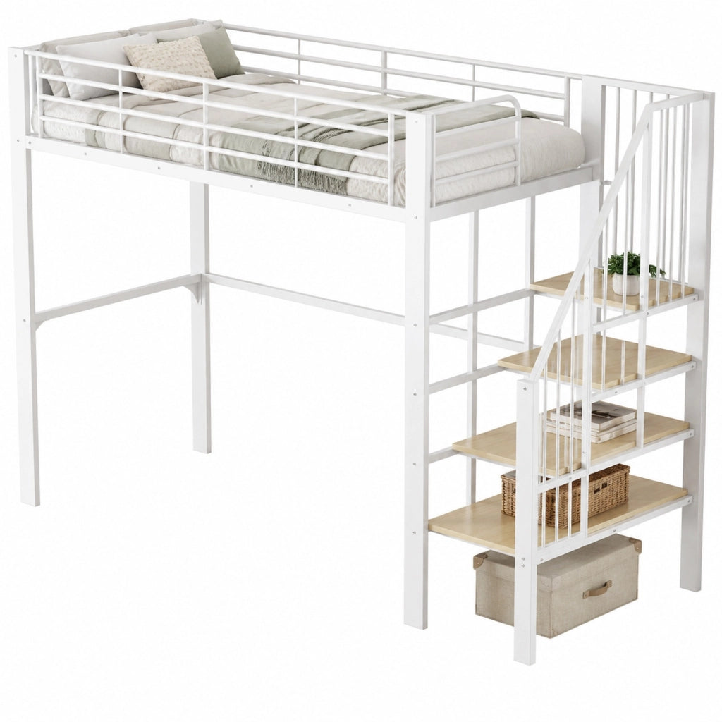 Letto a soppalco 90x200 cm in metallo e legno; con scala e spazio contenitore; bianco