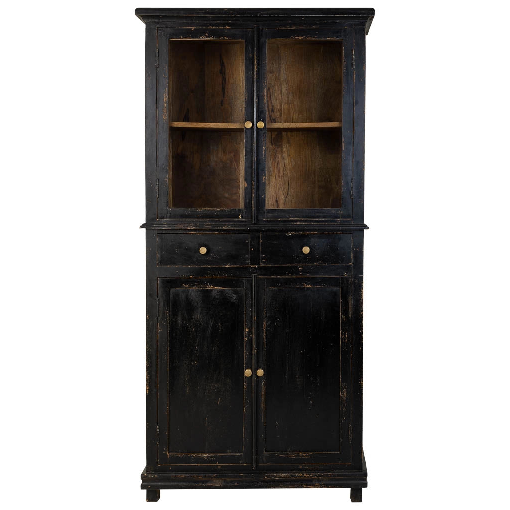 Vetrina in legno e vetro rifinita artigianalmente con 4 ante e 2 cassetti nera 85x40x180