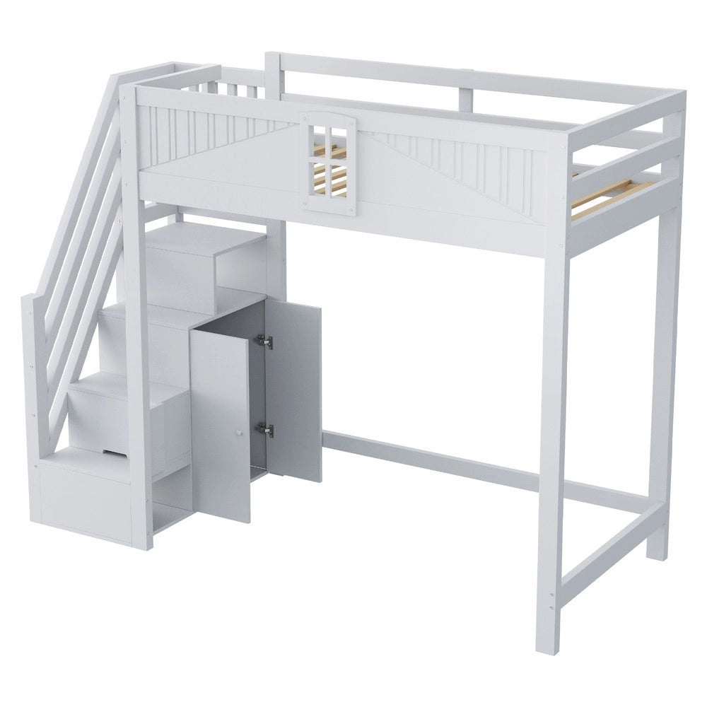 Letto a Soppalco in Legno Massello ¨C MINIMAL ¨C Grigio, 90x200, con Scala e Porta