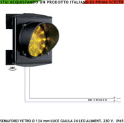 Semaforo Luce Led Gialla Scheda 24 Led Gialli Alimentazione 230 V 50 Hz 3 W Frontalino Vetro Cerchi Concentrici Effetto Lente Ø 124 mm Corpo Alluminio IP65 Fissaggio a Parete Orientabile 180 Gradi