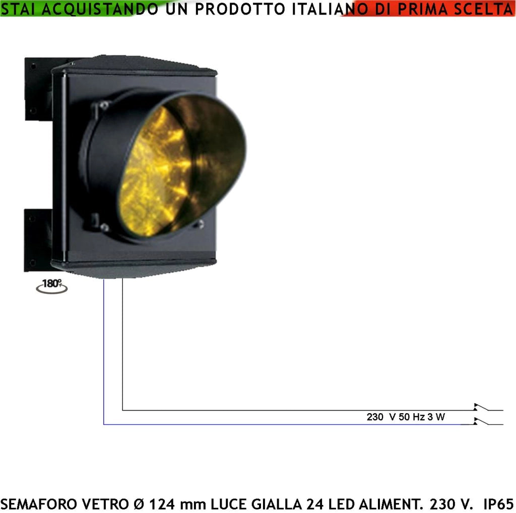 Semaforo Luce Led Gialla Scheda 24 Led Gialli Alimentazione 230 V 50 Hz 3 W Frontalino Vetro Cerchi Concentrici Effetto Lente Ø 124 mm Corpo Alluminio IP65 Fissaggio a Parete Orientabile 180 Gradi