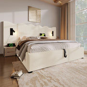 Letto matrimoniale 180x200 cm in tessuto corduroy beige e bianco con luce da lettura; USB e contenitore