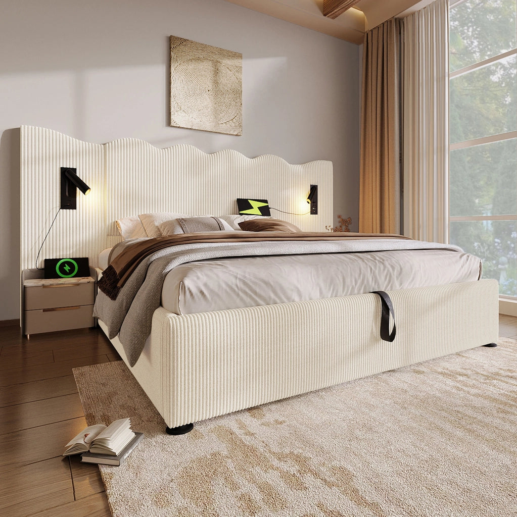 Letto matrimoniale 180x200 cm in tessuto corduroy beige e bianco con luce da lettura; USB e contenitore
