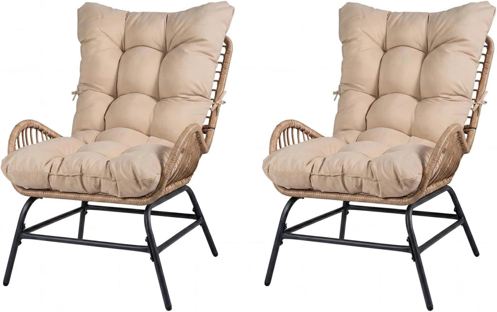 Poltrona da Giardino in Rattan PE, Sedia Relax con Cuscino Imbottito, Portata 180 KG, Sedile Ampio, Schienale e Braccioli, Poltrona Ergonomica per Balcone, Terrazza, Patio, Salotto (2,Bianco)