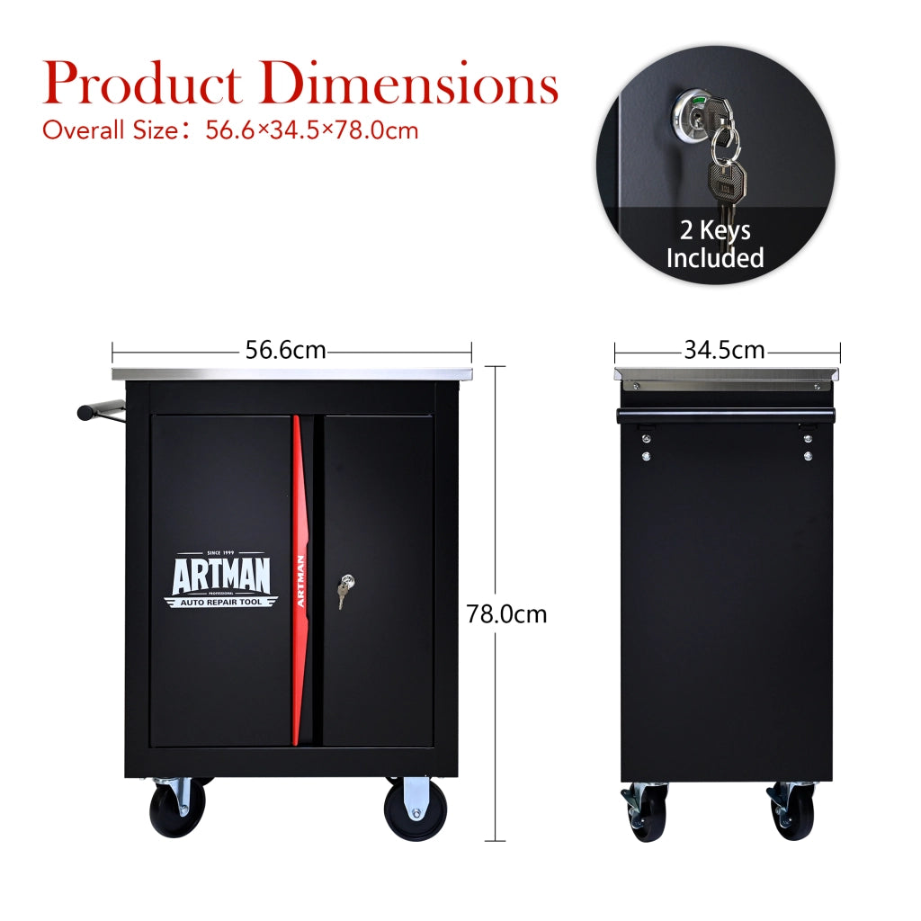 Carrello porta utensili a doppia anta con 4 ruote e serratura in acciaio nero e rosso 62,5 × 34,5 × 78 cm