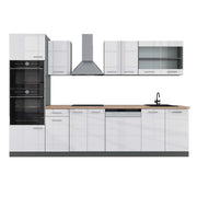 Vicco Cucina componibile Bianco lucido/antracite 300 cm con armadio alto, PL Rovere