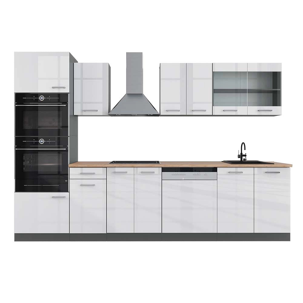 Vicco Cucina componibile Bianco lucido/antracite 300 cm con armadio alto, PL Rovere