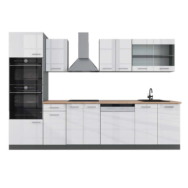 Vicco Cucina componibile Bianco lucido/antracite 300 cm con armadio alto, PL Rovere