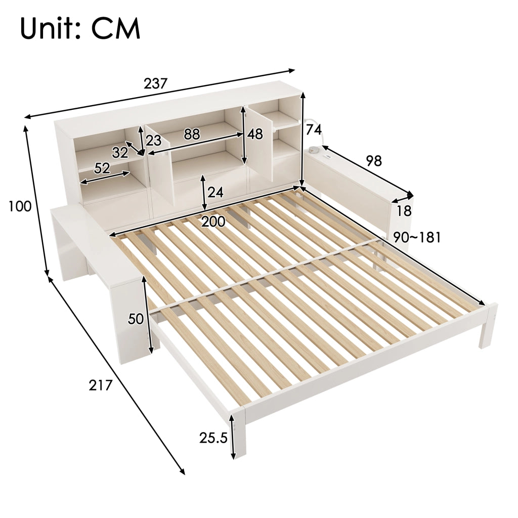 DESMIU Lit Simple 90 × 200 cm con letto estraibile, USB, Type-C e luce lettura, senza materasso, bianco