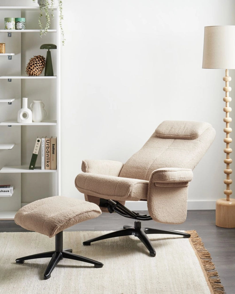 Poltrona reclinabile Beige con poggiapiedi Tessuto Boucle Girevole Struttura in metallo Design retrò