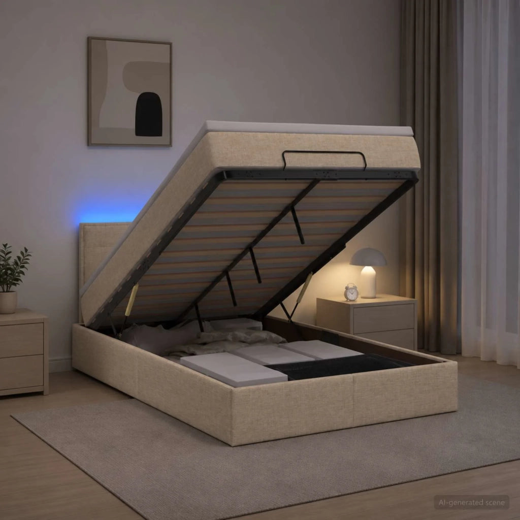 Letto Ottomano con Materasso e LED Crema 120 x 190 cm Tessuto 3456813