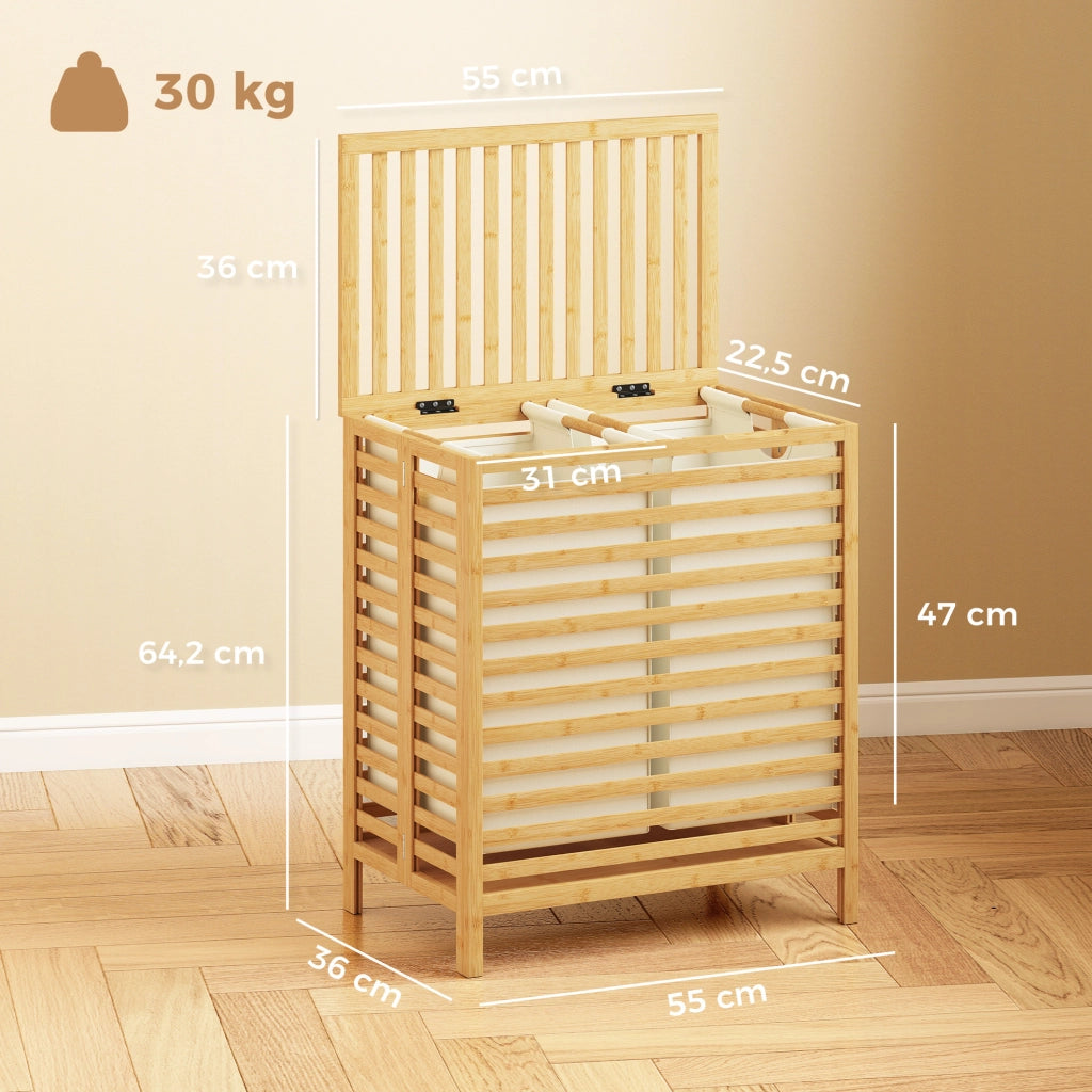 Cestino bucato in bamb¨´ con coperchio, 2 cestini, pieghevole, 64L ¨C zephmum ¨C Naturale e crema bianco