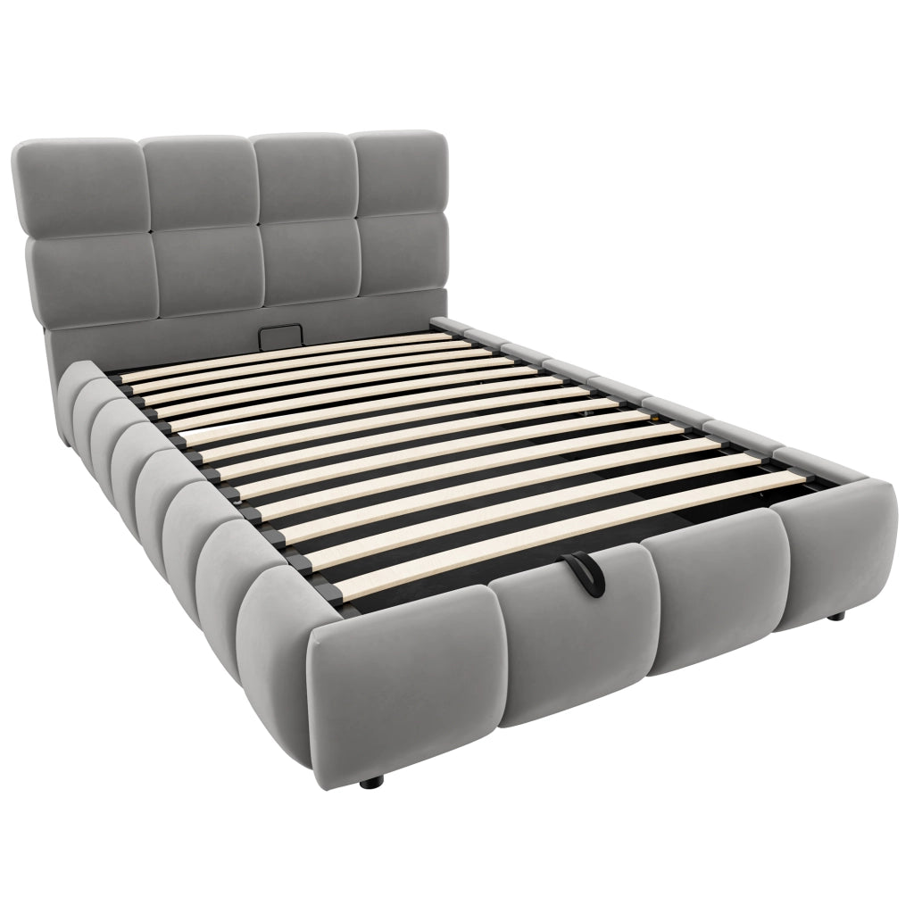 Letto imbottito singolo 90×200 cm con contenitore; LED e testiera; senza materasso; velluto; grigio