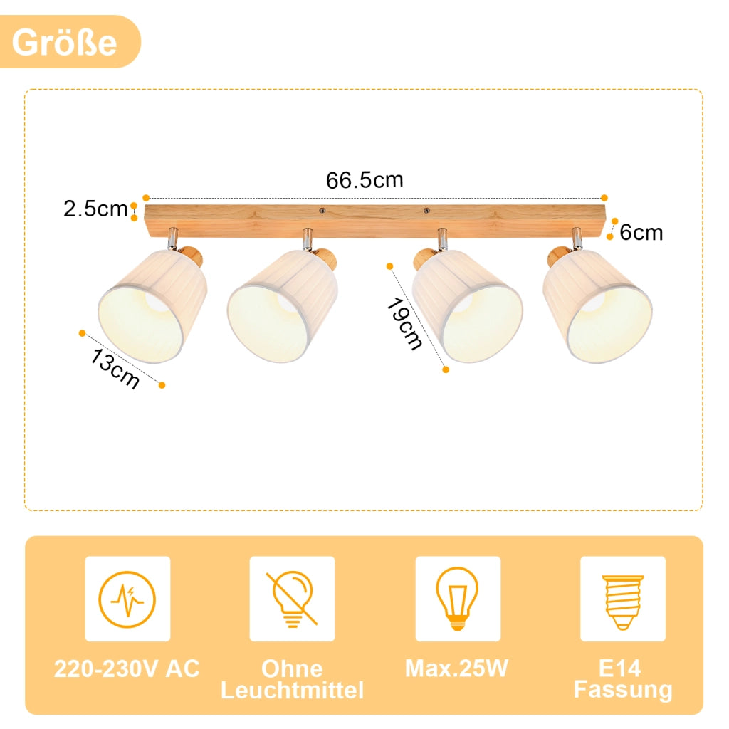 ZMH Faretto da soffitto 4 Luci Legno E14 Boho Bianco Tessuto Orientabile 350¡ã per Corridoio Soggiorno Senza Lampadina