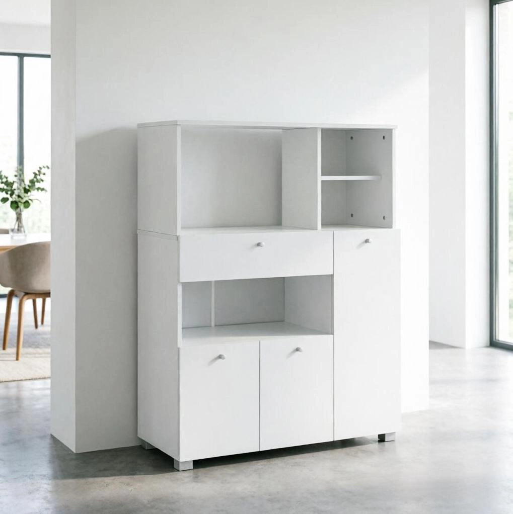 Mobile da cucina per microonde con 2 armadi; cassetto e 4 vani; 90x40x120 cm; bianco