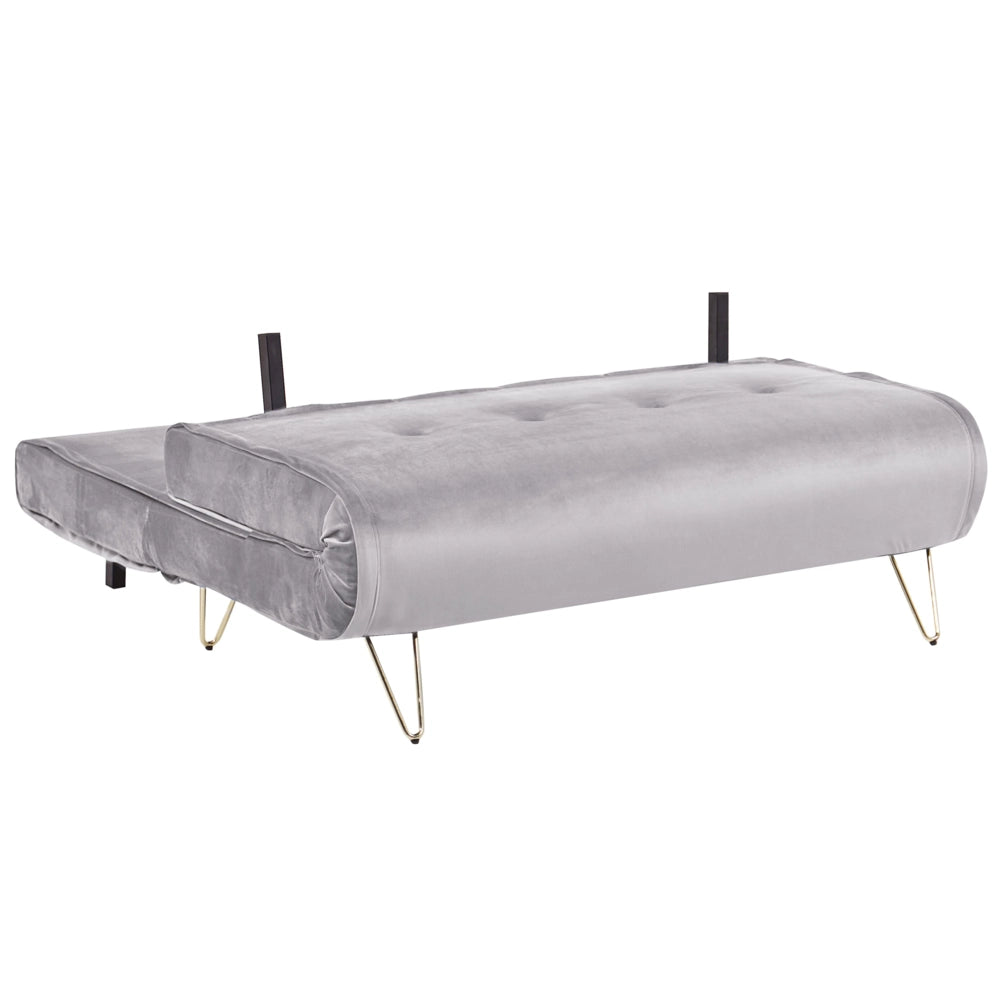 Divano Letto Velluto Grigio 2 Posti Letto Sfoderabile senza braccioli Con 2 Cuscini Gambe In Metallo dorato Glamour