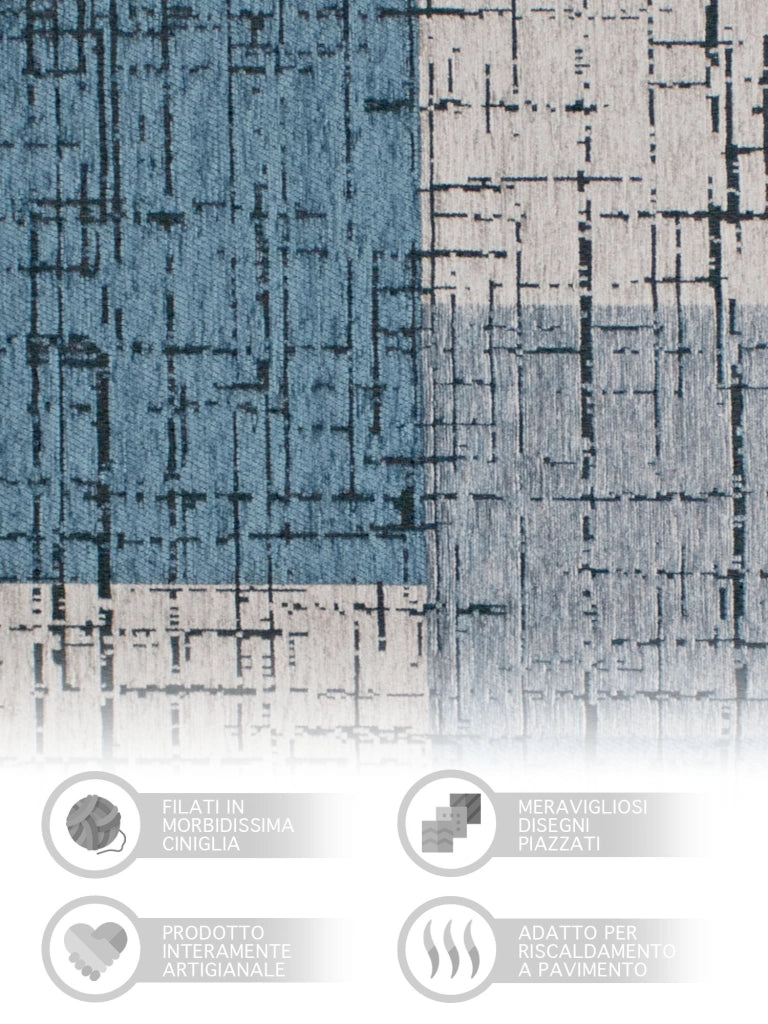 Tappeto Arredo Moderno Morbido in Ciniglia Ingresso Antiscivolo Prodotto Italiano  Soggiorno Camera Salotto Disegni Piazzati Cotone Varie Misure Grande Mondrian/Azzurro - 160x240 cm