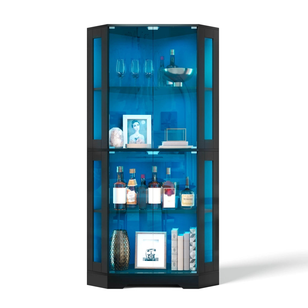 Vetrina angolare con LED RGB 40x40x165 cm; in MDF nero; con ante in vetro temperato