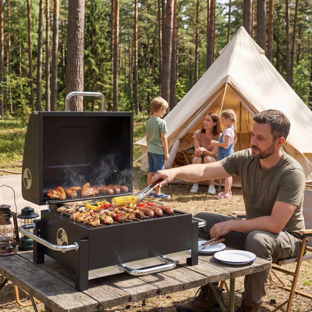 Barbecue a carbone portatile con coperchio ¨C zephmum ¨C grigio antracite 55x45x105 cm