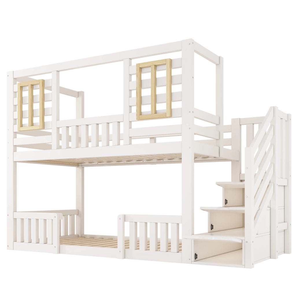 Letto a castello per bambini, 90 x 200 cm, con contenitore, sponde di sicurezza, bianco