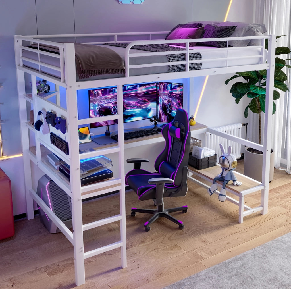 Letto a soppalco 90x200 cm con scrivania, LED e prese USB-C
