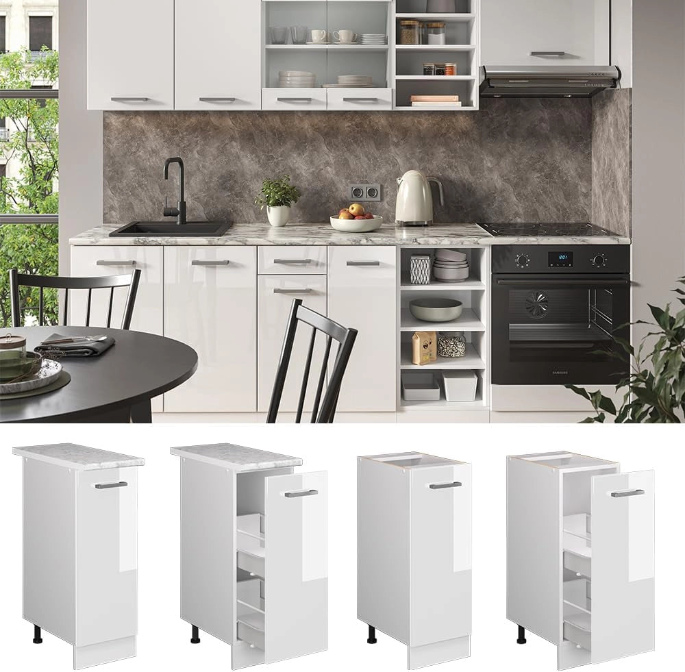 Armadio cucina dispensa alto R-Line, Bianco lucido, 30 cm senza piano di lavoro, per la libera combinazione all'interno di sistemi cucina modulari