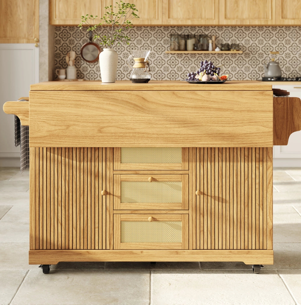 Carrello da cucina pieghevole con ripiani e cassetti in rattan