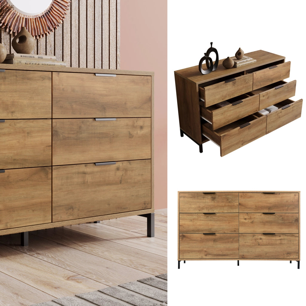 Cassettiera con 6 Cassetti; Struttura in Metallo; Stile Industriale; per Camera; in Pannello Truciolare; Rovere Scuro; 120??40??76 cm